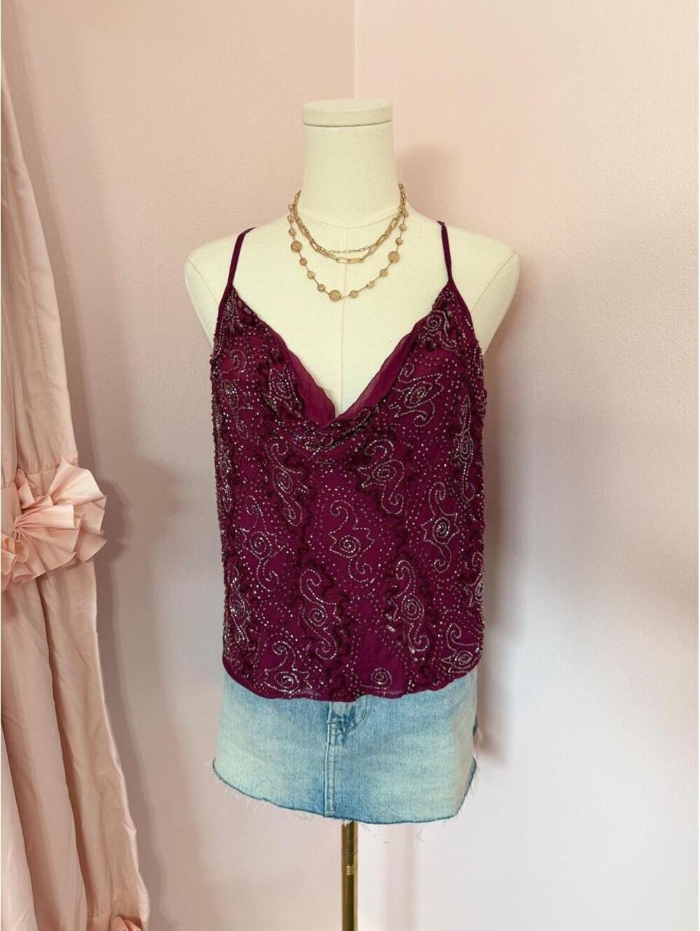 Newport News 100% Silk Beaded Burgundy Cowl Neck Cami | Y2K Evening Top | S/M